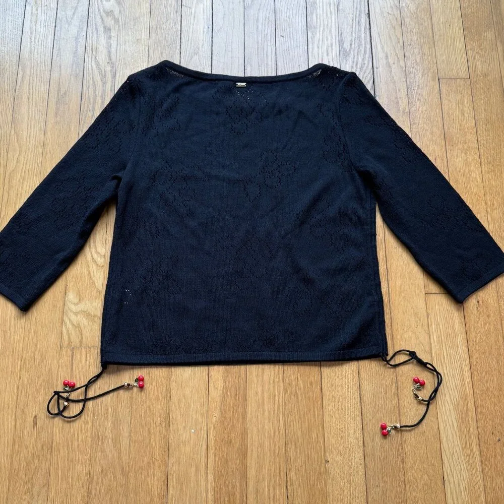 VTG St. John Size S Black Wool Knit 3/4 Sleeve Boat Neck Top w/ Red Beaded Tie